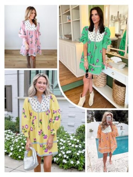 Long Sleeve V Neck Mini Dress Floral Patchwork Loose Boho Casual - Picture 6 of 7